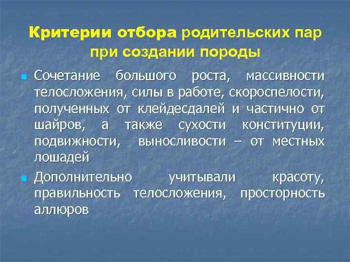 Критерии отбора родительских пар при создании породы n n Сочетание большого роста, массивности телосложения,