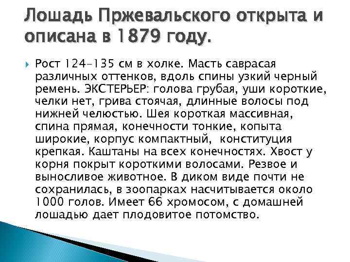 Лошадь Пржевальского открыта и описана в 1879 году. Рост 124 -135 см в холке.