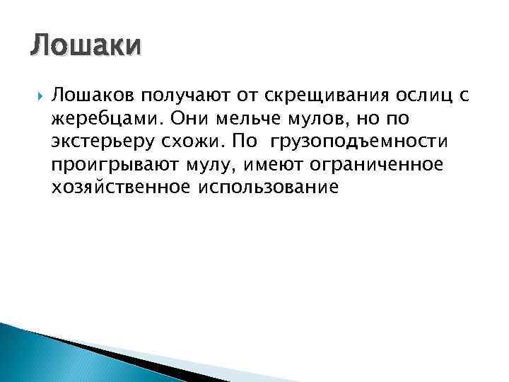 Лошаки Лошаков получают от скрещивания ослиц с жеребцами. Они мельче мулов, но по экстерьеру