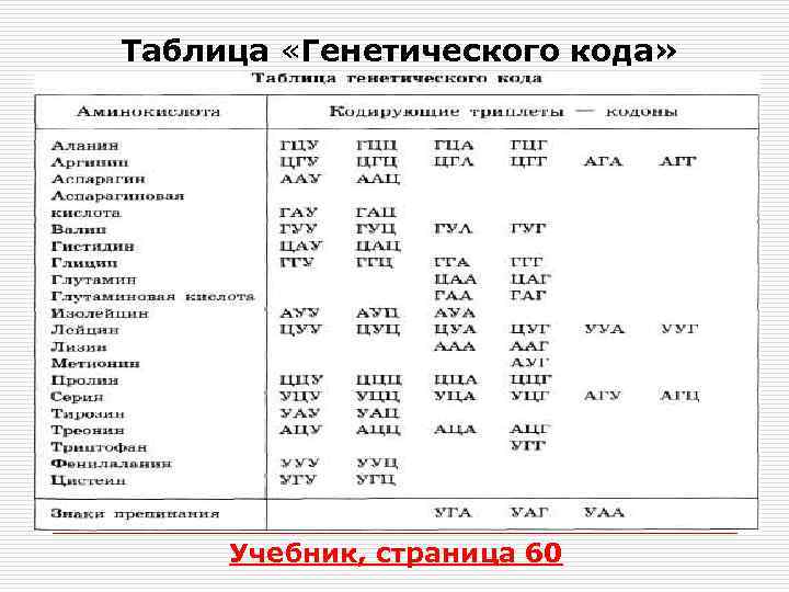  Таблица «Генетического кода» Учебник, страница 60 