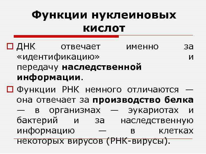 Функции нуклеиновых кислот o ДНК отвечает именно за «идентификацию» и передачу наследственной информации. o