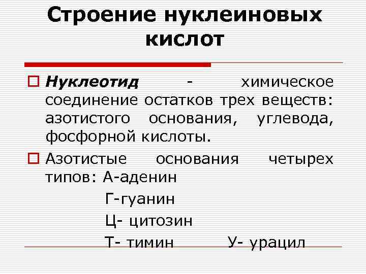 Строение нуклеиновых кислот o Нуклеотид - химическое соединение остатков трех веществ: азотистого основания, углевода,