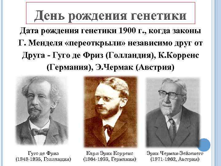Дата рождения генетики 1900 г. , когда законы Г. Менделя «переоткрыли» независимо друг от