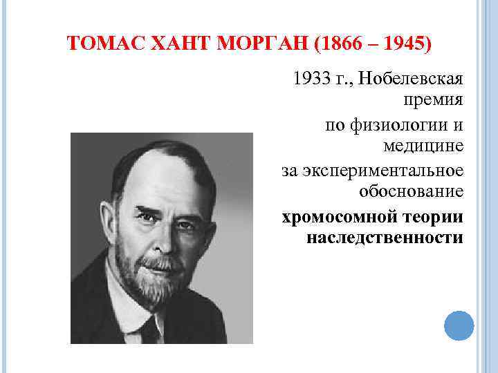 ТОМАС ХАНТ МОРГАН (1866 – 1945) 1933 г. , Нобелевская премия по физиологии и