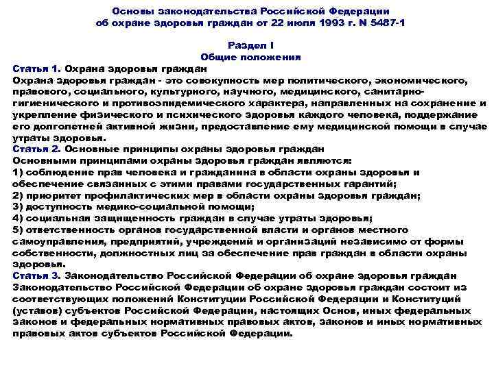 Основы законодательства Российской Федерации об охране здоровья граждан от 22 июля 1993 г. N