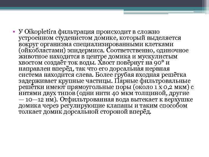  • У Oikopletira фильтрация происходит в сложно устроенном студенистом домике, который выделяется вокруг