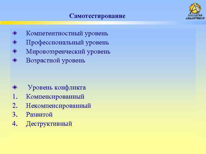Самотестирование Компетентностный уровень Профессиональный уровень Мировоззренческий уровень Возрастной уровень 1. 2. 3. 4. Уровень
