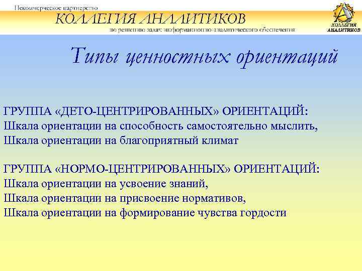 Типы ценностных ориентаций ГРУППА «ДЕТО-ЦЕНТРИРОВАННЫХ» ОРИЕНТАЦИЙ: Шкала ориентации на способность самостоятельно мыслить, Шкала ориентации