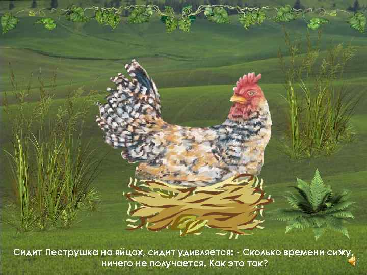 Сидит Пеструшка на яйцах, сидит удивляется: - Сколько времени сижу, ничего не получается. Как