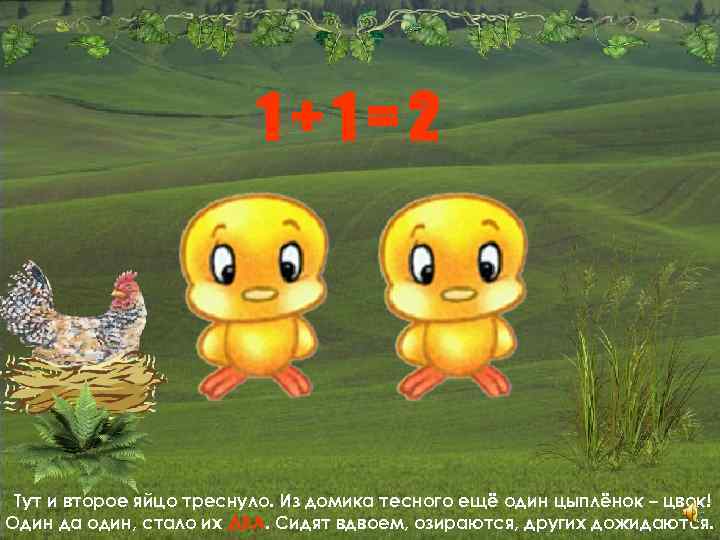 1+1=2 Тут и второе яйцо треснуло. Из домика тесного ещё один цыплёнок – цвок!