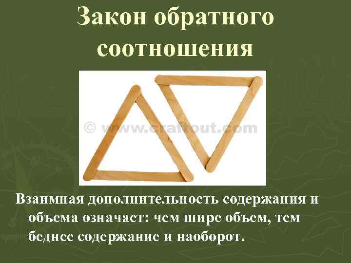 Закон обратного соотношения Взаимная дополнительность содержания и объема означает: чем шире объем, тем беднее
