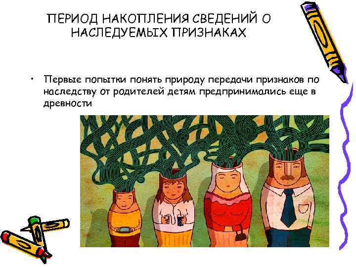 ПЕРИОД НАКОПЛЕНИЯ СВЕДЕНИЙ О НАСЛЕДУЕМЫХ ПРИЗНАКАХ • Первые попытки понять природу передачи признаков по