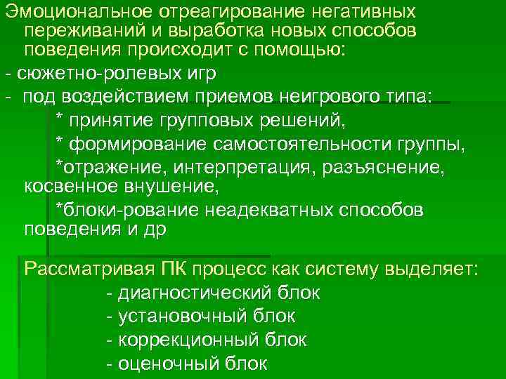Эмоциональное отреагирование негативных переживаний и выработка новых способов поведения происходит с помощью: сюжетно ролевых