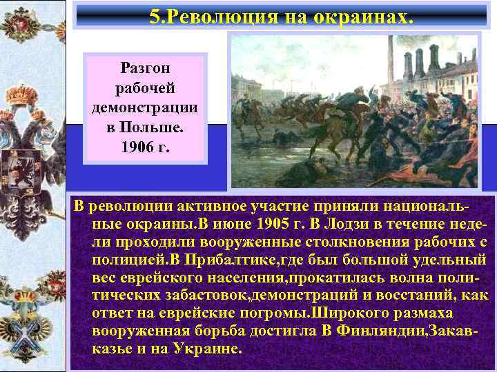 5. Революция на окраинах. Разгон рабочей демонстрации в Польше. 1906 г. В революции активное