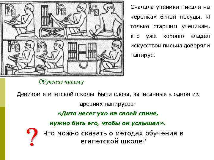 Ученикам сначала. Чем писали в древнем Египте в школах. Древние школы Египта таблица. На чём писали ученики египетских школ. Кто мог учиться в древнеегипетской школе.