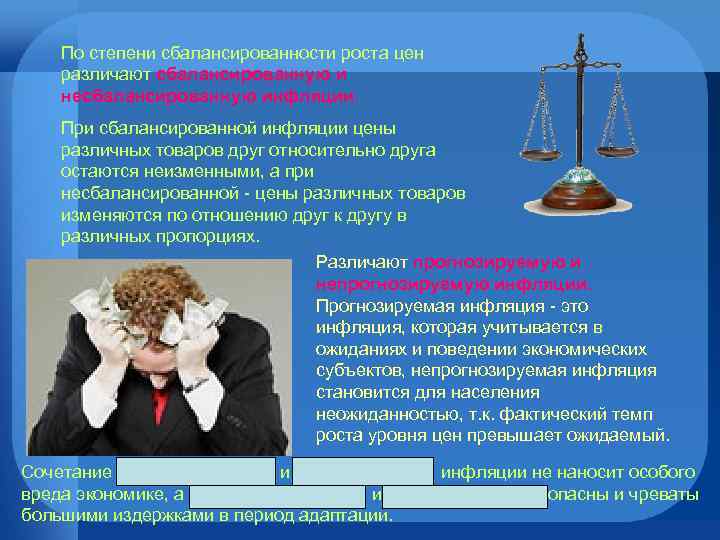 По степени сбалансированности роста цен различают сбалансированную и несбалансированную инфляции. При сбалансированной инфляции цены