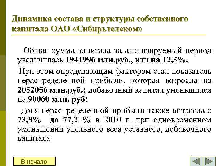 Динамика состава и структуры собственного капитала ОАО «Сибирьтелеком» Общая сумма капитала за анализируемый период