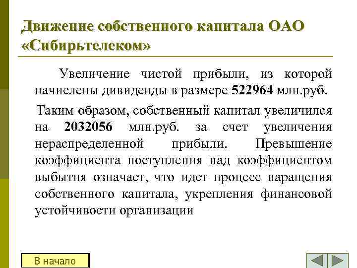 Движение собственного капитала ОАО «Сибирьтелеком» Увеличение чистой прибыли, из которой начислены дивиденды в размере