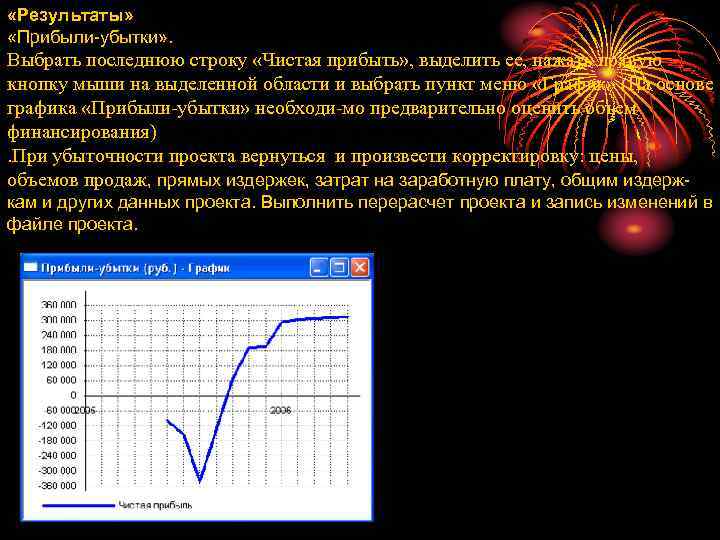 «Результаты» «Прибыли-убытки» . Выбрать последнюю строку «Чистая прибыть» , выделить ее, нажать правую