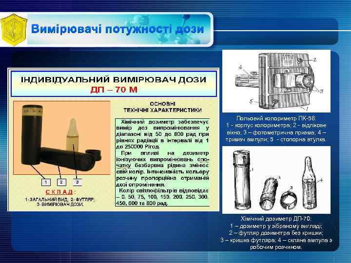 Вимірювачі потужності дози Польовий колориметр ПК-56: 1 - корпус колориметра; 2 - відлікове вікно;