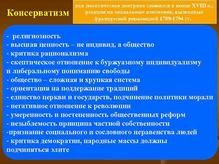 Консерватизм как политическая доктрина сложился в конце XVIII в. , реакция на социальные изменения,