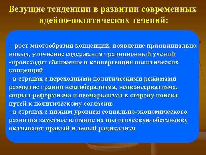 Ведущие тенденции в развитии современных идейно-политических течений: - рост многообразия концепций, появление принципиально новых,