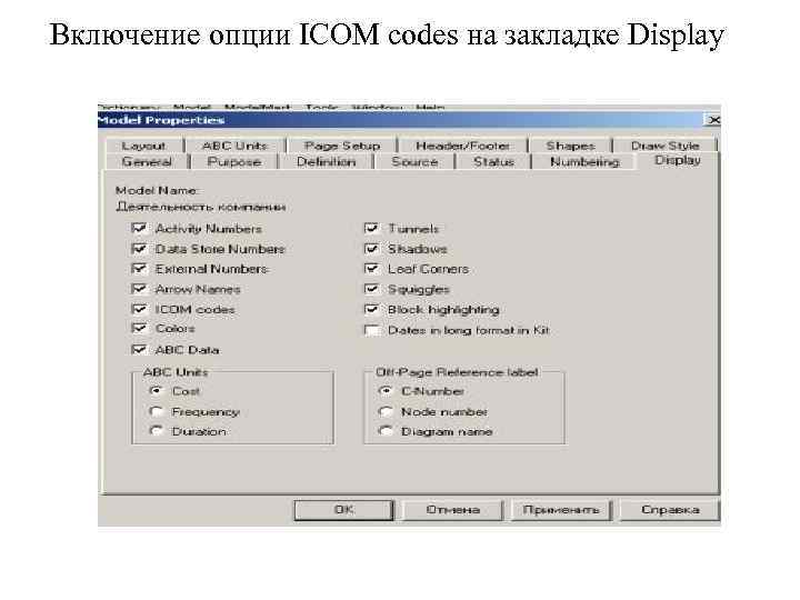 Включение опции ICOM codes на закладке Display 