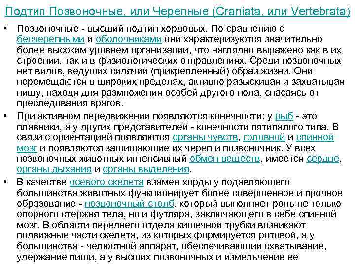 Подтип Позвоночные, или Черепные (Craniata, или Vertebrata) • Позвоночные - высший подтип хордовых. По