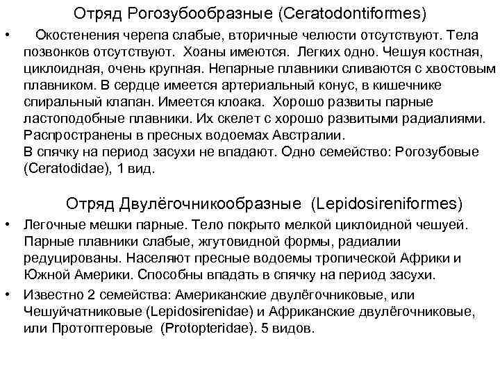 Отряд Рогозубообразные (Сегаtodоntiformes) • Окостенения черепа слабые, вторичные челюсти отсутствуют. Тела позвонков отсутствуют. Хоаны