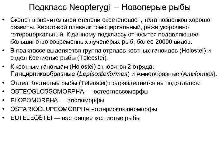 Подкласс Neopterygii – Новоперые рыбы • Скелет в значительной степени окостеневает, тела позвонков хорошо