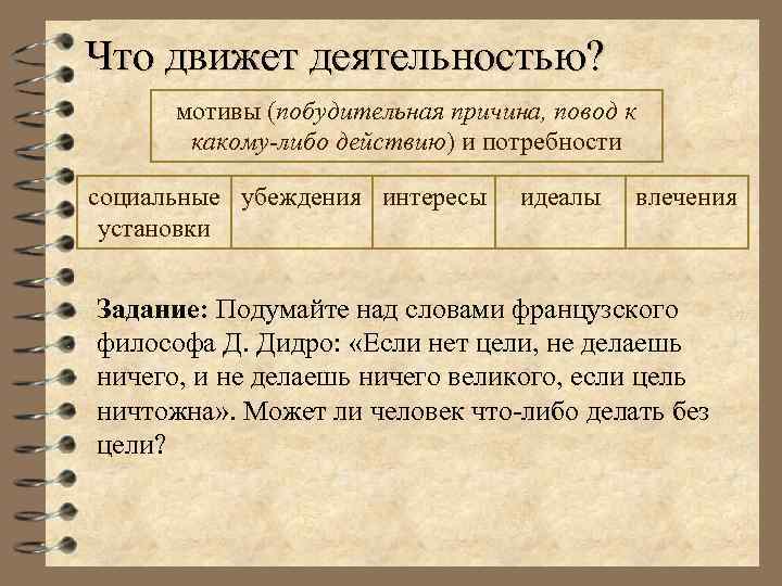 Что движет деятельностью? мотивы (побудительная причина, повод к какому-либо действию) и потребности социальные убеждения