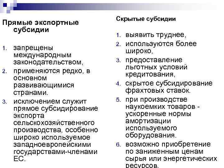 Прямые экспортные субсидии 1. 2. 3. запрещены международным законодательством, применяются редко, в основном развивающимися