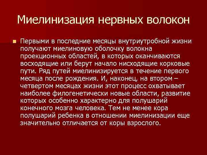 Миелинизация нервных волокон n Первыми в последние месяцы внутриутробной жизни получают миелиновую оболочку волокна