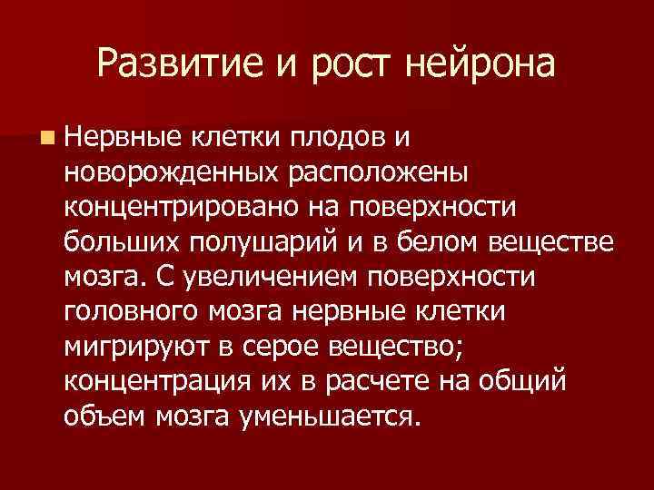 Развитие и рост нейрона n Нервные клетки плодов и новорожденных расположены концентрировано на поверхности