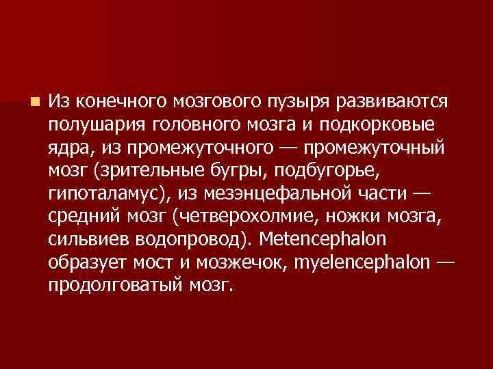 n Из конечного мозгового пузыря развиваются полушария головного мозга и подкорковые ядра, из промежуточного