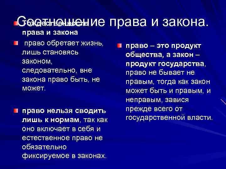 Тождественность Соотношение права и закона право обретает жизнь, лишь становясь законом, следовательно, вне закона