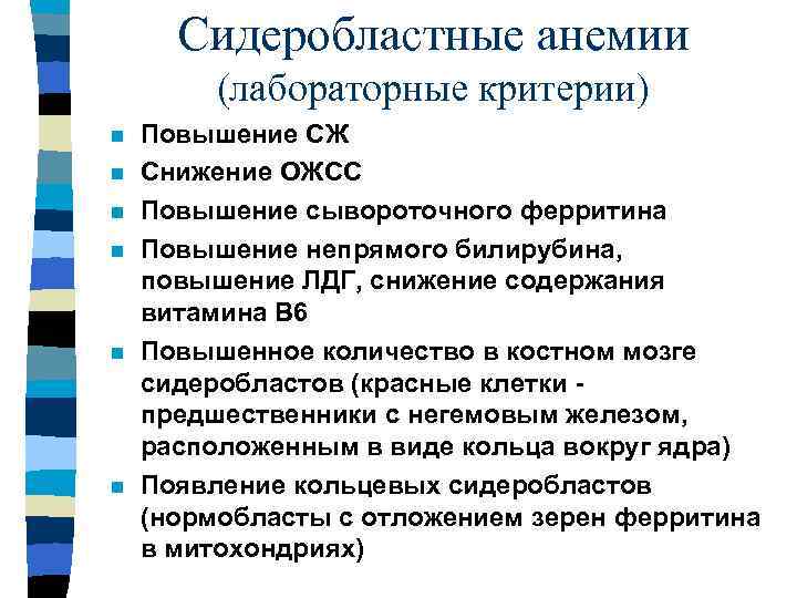 Сидеробластные анемии (лабораторные критерии) n n n Повышение СЖ Снижение ОЖСС Повышение сывороточного ферритина