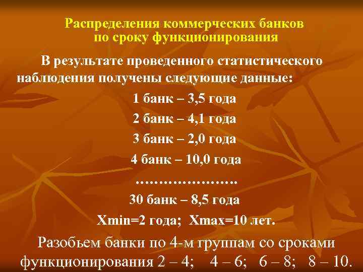 Распределения коммерческих банков по сроку функционирования В результате проведенного статистического наблюдения получены следующие данные: