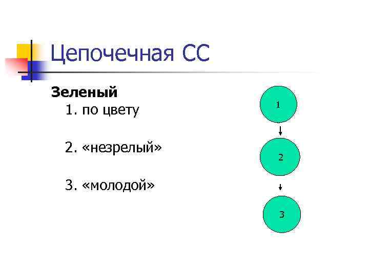 Цепочечная СС Зеленый 1. по цвету 2. «незрелый» 1 2 3. «молодой» 3 