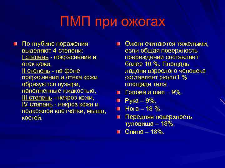 ПМП при ожогах По глубине поражения Ожоги считаются тяжелыми, выделяют 4 степени: если общая