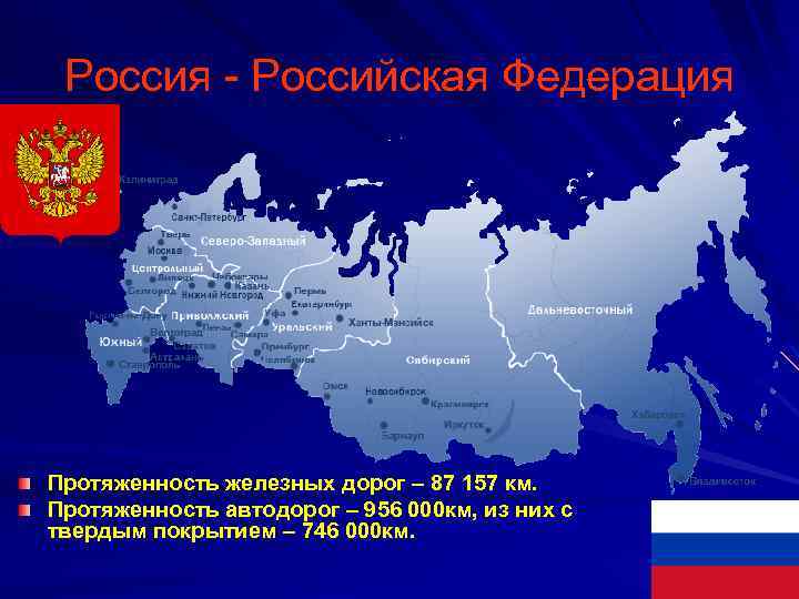 Россия - Российская Федерация Протяженность железных дорог – 87 157 км. Протяженность автодорог –