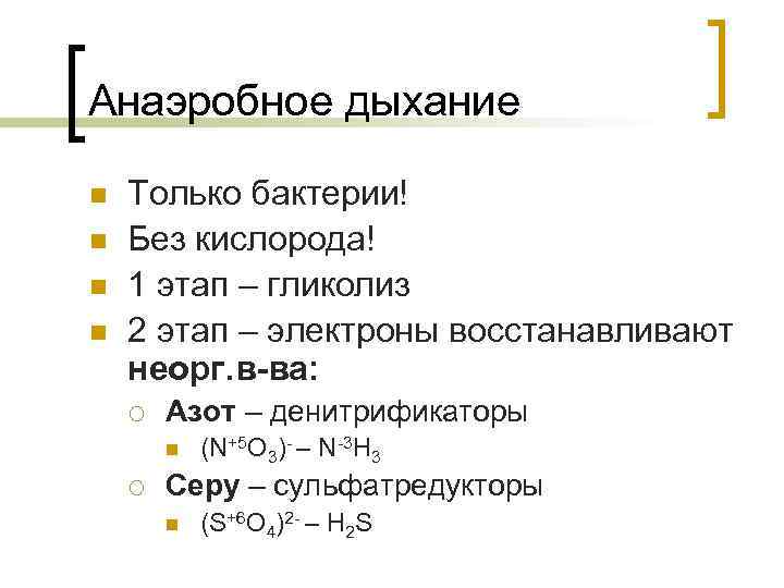 Анаэробное дыхание n n Только бактерии! Без кислорода! 1 этап – гликолиз 2 этап