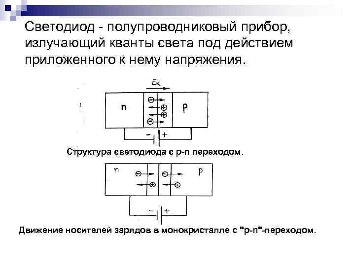 Светодиод - полупроводниковый прибор, излучающий кванты света под действием приложенного к нему напряжения. Структура