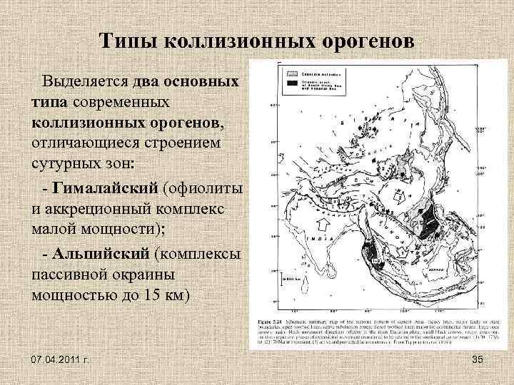 Типы коллизионных орогенов Выделяется два основных типа современных коллизионных орогенов, отличающиеся строением сутурных зон: