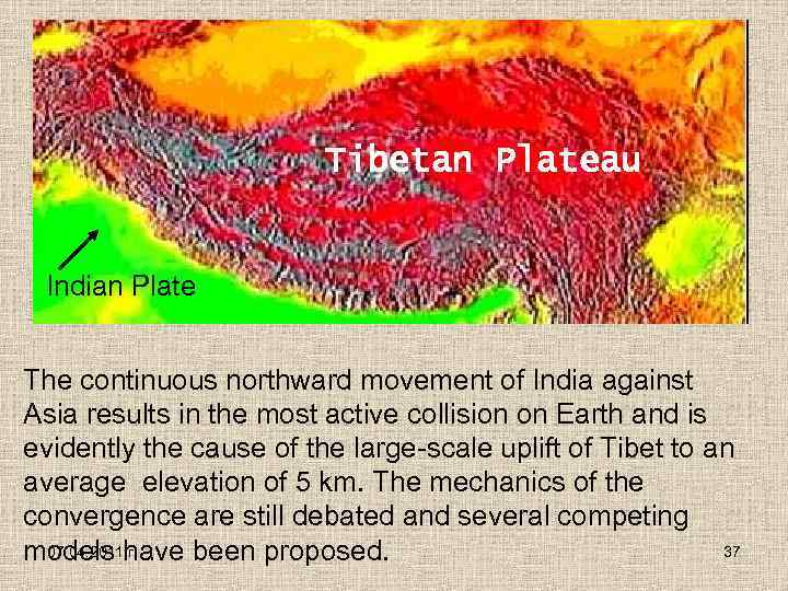 Tibetan Plateau Indian Plate The continuous northward movement of India against Asia results in