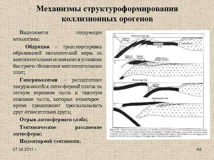 Механизмы структуроформирования коллизионных орогенов Выделяются следующие механизмы: Обдукция – транспортировка образований океанической коры на