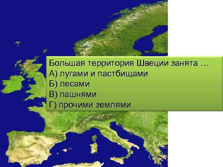 Большая территория Швеции занята … А) лугами и пастбищами Б) лесами В) пашнями Г)