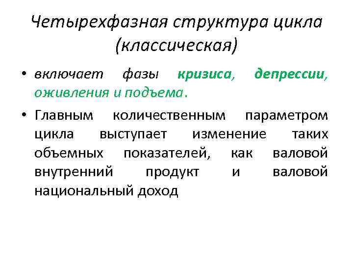 Четырехфазная структура цикла (классическая) • включает фазы кризиса, депрессии, оживления и подъема. • Главным