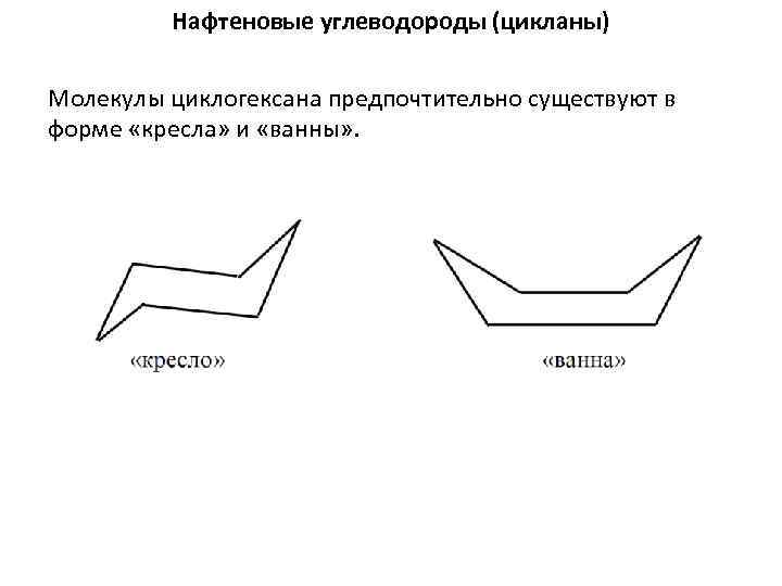 Нафтеновые углеводороды (цикланы) Молекулы циклогексана предпочтительно существуют в форме «кресла» и «ванны» . 