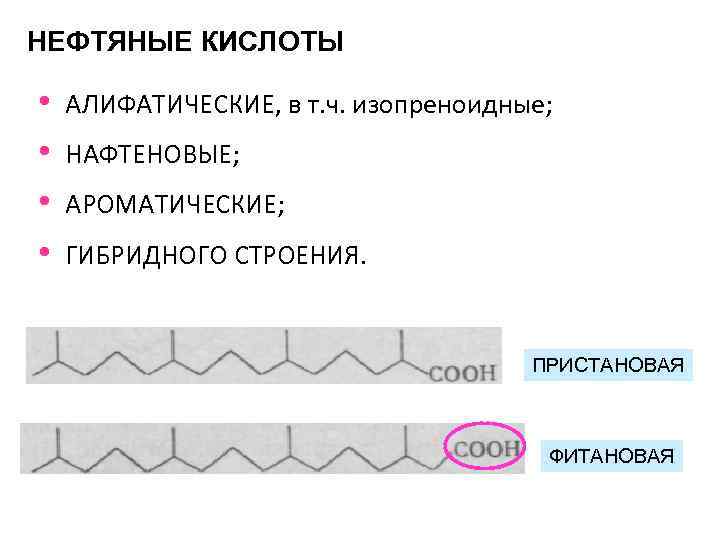 НЕФТЯНЫЕ КИСЛОТЫ • • АЛИФАТИЧЕСКИЕ, в т. ч. изопреноидные; НАФТЕНОВЫЕ; АРОМАТИЧЕСКИЕ; ГИБРИДНОГО СТРОЕНИЯ. ПРИСТАНОВАЯ